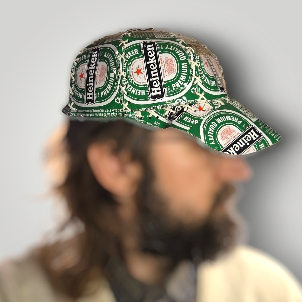 Heineken Beer Can Trucker Hat Upcycled Green Lined Adjustable Strap Baseball Cap